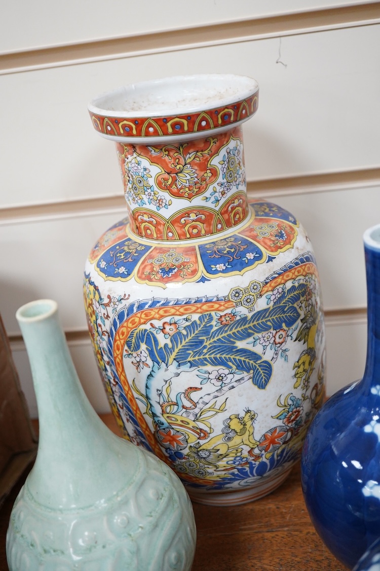 Mixed Chinese blue and white china, including two jars and covers, teapot, two hard stone carvings a celedon vase etc tallest 26cm high